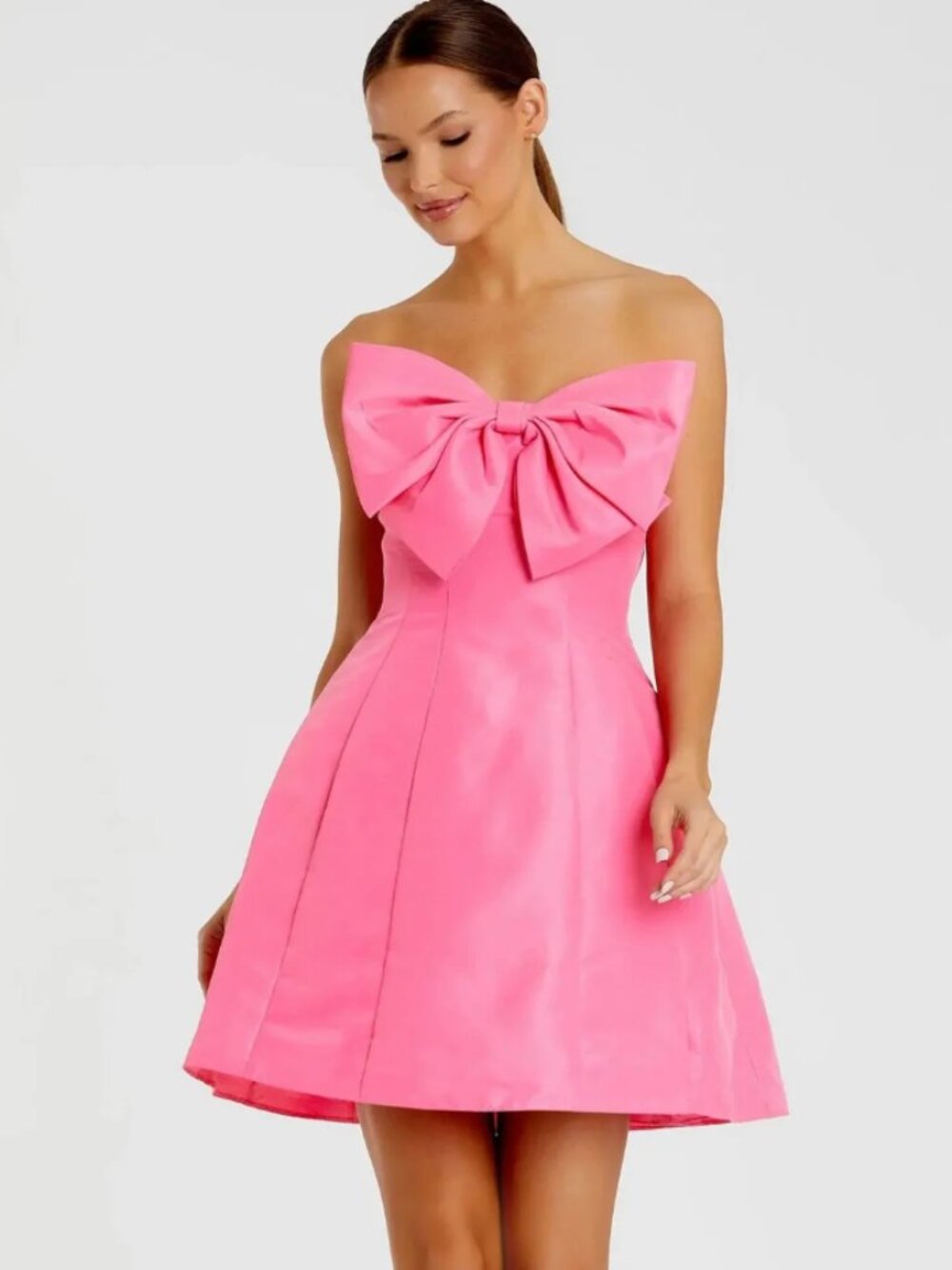 Mac Duggal - Pink Strapless Oversized Bow Fit & Flare Mini Dress - Size 0